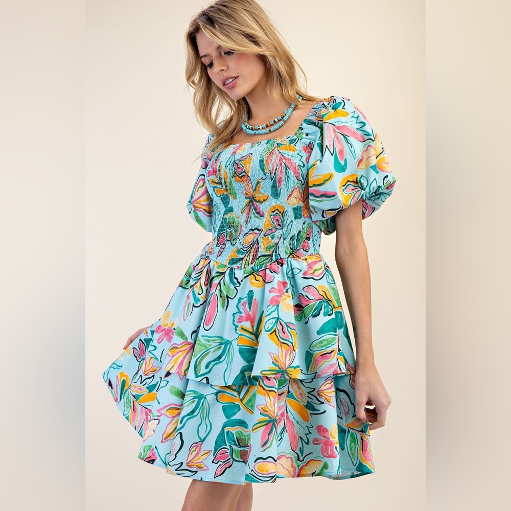 #85 Firm Easel 🌸Aqua Floral Smocked Puff-Sleeve Mini Dress